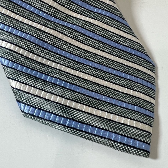 XMI Platinum Modern Slim 100% Silk Elegant Striped Blue and Gray Men's Tie - Picture 4 of 8